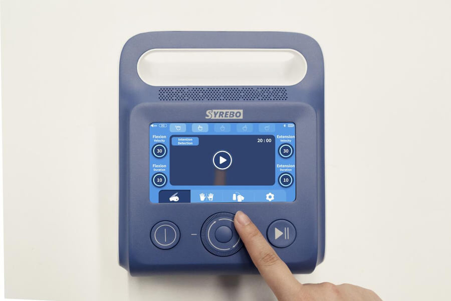 Syrebo C15 control unit with carry handle, showing intention detection and flexion and extension settings